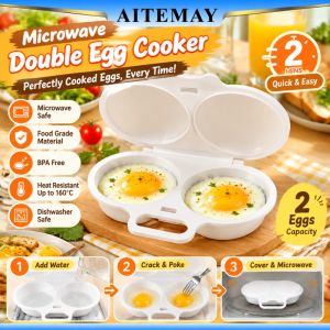 Aitemay Microwave Double Egg Cooker 2 Minutes Fast Poacher Non Stick Dual Cavity Steamer Heat Resistant PP Breakfast Maker 23cm Grey Beige