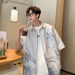 Ice Silk Thin Short Sleeve Shirt Mens Autumn Trendy Brand High Sensation Gradient Couple Top Loose Casual Beach Shirt