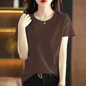 เสื้อยืดคอกลมแขนสั้นผ้าฝ้ายทรงหลวมสำหรับผู้หญิงไซส์ใหญ่ ฤดูร้อน 2025 เสื้อเชิ้ตแฟชั่นสีพื้น ทรงเข้ารูป เสื้อผ้าทำงาน