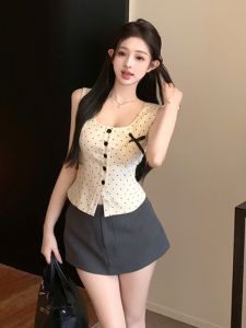 GUZILIAN | Slim Fit Sleeveless Vest Womens Short Style Waist Cinching Summer High Waist Bodycon A-Line Mini Skirt Trendy Two-Piece Set
