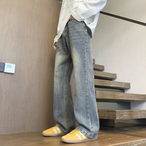 กางเกงยีนส์ทรงหลวมขากว้างหนาบุขนแกะสไตล์ย้อนยุคแบบอเมริกันสำหรับผู้ชาย กางเกงขายาวทรงหลวมเอวสูง กางเกงยีนส์ฤดูหนาว