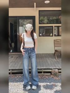 FASHLOVER Low Waist Loose Straight Leg Wide Leg Pants Retro Versatile Jeans Flared Pants Boot-cut