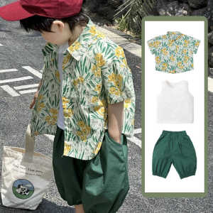 Cool Dopaamine Hawaiian Shirt Beach Vacation Stylish Baby Handsome Shirt Children Two-piece Set Summer Casual Kids Clothing