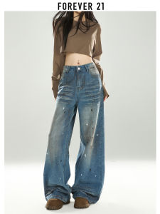 Forever 21 Vintage High Waist Wide Leg Jeans Womens Loose Fit Floor Length Trousers Blue Washed out Denim Casual Autumn Pants
