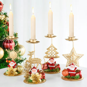 Christmas Santa Claus Snowflake Star Tree Elk Golden Candlestick Candle Holder for Xmas Table Decoration