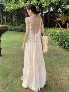 Ocean View Vacation Beach Dress for Women Loose Fit Upscale Chiffon Long Dress with Open Back and Drawstring Waist