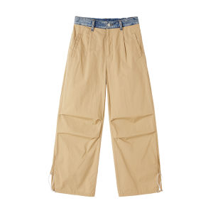 URLAZH | Vintage Modern Khaki Spliced Loose Cotton Womens Trousers
