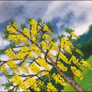 ชุดคิทปักผ้า ปักต้นคูน ต้นราชพฤกษ์บนพื้นขาว พร้อมคู่มือสอนและอุปกรณ์ครบชุด (สะดึง 6 นิ้วผ้าสกรีนลาย ไหมปัก DMC เข็ม กรรไกร ผ้าสักลาด)