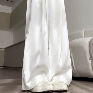 กางเกงผู้หญิงสีขาวแบบใหม่ฤดูร้อนปี2024กางเกงลำลองทรงสอบแบบบางกางเกงขากว้างเอวสูงทิ้งตัวได้ดีสำหรับคนตัวเล็ก