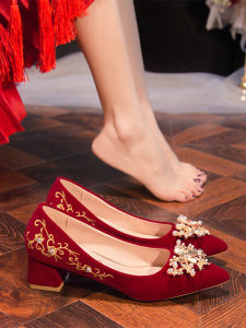 Wedding Shoes Womens Chunky Heel Comfortable High Heels Chinese Style Red Show Heel Maternity Women Can Wear Fashionable Single Shoes