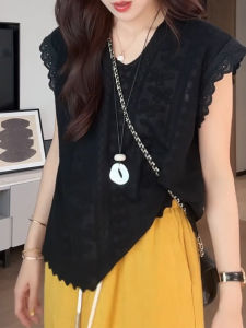 Shalldoer | Elegant Lace Embroidery Knitwear Fly Sleeve Top For Women Summer New Fashion Ageless V-neck Regular-fit Thin No-sleeve Knitted