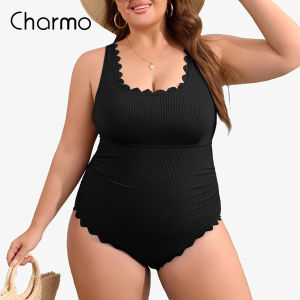 Charmo Plus Size Swimsuit for Women 2025 Tummy Control Scalloped Ribbed One Piece Swimsuits Ruched Modest Bathing Suit