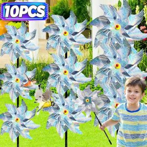10ชิ้นเครื่องไล่นกเลเซอร์สีเงินสำหรับใช้ในฟาร์มกังหันหมุนได้เด็กเล่นนกเครื่องไล่นกกลางแจ้งเครื่องไล่นกเครื่องไล่นกเลเซอร์