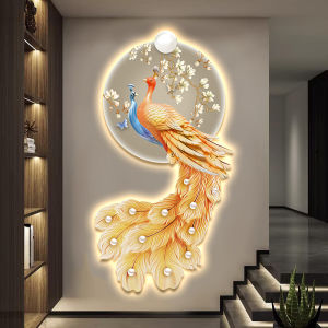 Modern Minimalist LED Lighted Peacock Entrance Hallway Decorative Artwork Unframed Wall Painting Family Suitable Density Board