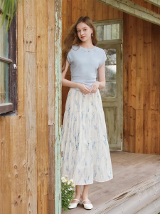XIANGYING | Blue Floral A-Line Half Skirt High Waist Flattering
