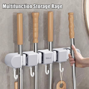 Mop Broom Holder with Hook Self-adhesive Mop Clamp Traceless Hook Multipurpose Garden Tool Storage Rack Wall Mounted Heavy Duty Organizer Hook Storage Hook Accessories for Bathroom Kitchen