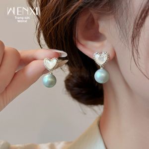 WENXI | Bông Tai Trái Tim Bạc Đá Ngọc Trai Xanh