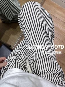 145 Small Black and White Striped Wide-Leg Pants Womens Summer 150 High Waist Loose and Idle Walking Pants Straight-leg Casual Pants