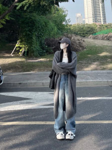 French Style Temperament Fancy Gray Mid-Length Overknee Sweater Outwear Autumn and Winter Lazy Style Retro Knitting Cardigan