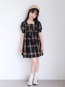 Girls Plaid Summer Dress Bubble Sleeve Square Collar Princess Skirt Cotton Casual Style Childrens Fashion Korean Version Dress