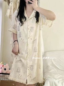 Summer New Arrival Ins Girl Cute Rabbit Short Sleeve Pajamas Female Dress Sweet Instafamous Long Dress Homewear