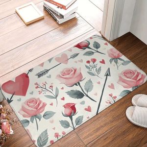 VIKAMA Pink Rose Heart Doormat Non-slip and Noise-reducing Entrance Hallway Mat Bedside Rug for Bedroom Home Decor
