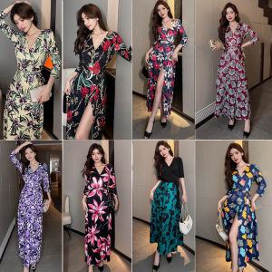 French Vintage V-Neck One-Piece Waist-Cinching Slim Print Tie-Waist Wrap Chest Skirt Beach Vacation High Waist Long A-Line Dress