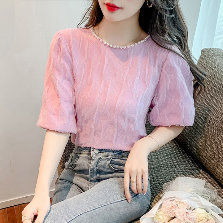 Puff Sleeves Lace Shirt Women's Clothes Summer 2024 New Arrival Tops 