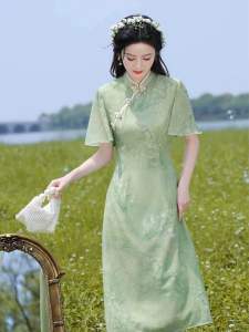 Q37 Green cheongsam long summer New Retro Style Old Shanghai dress flower improve