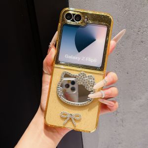 Sanrio | Luxury Fold Glitter Sanrio Hello Kitty Makeup Mirror Bow Case For Samsung Z Flip 8 Z Flip 7 Z Flip 6 5 4 3 Protective Cute Cover