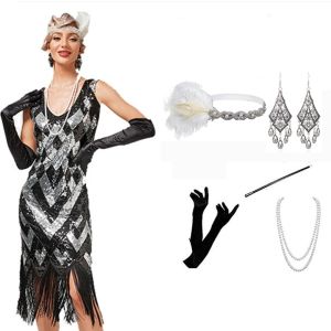 ชุดกระโปรงบานติดเลื่อมคอวีของผู้หญิงชุดเดรสปาร์ตี้งานพรอมงานแต่งงานคอกเทลแฟนซี Gatsby 1920S