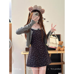 Dark Brown Bobo Milk Tea Style Sweet Seductive Floral Summer Short Dress