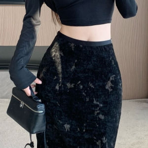 Black Fancy Jacquard Velvet Skirt Womens Mid Length Long Length Fall and Winter High Waist A- line Skirt Back Slit Bodycon Dress Tide