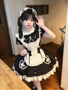 Cute Lolita Maid Uniform Cosplay Dress Soft Waist Cinched Skirt Sleeve Apron Elegant Anime Costume Womens Outfit Set in Stock