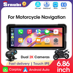 Srnubi 6.86 inch Motorcycle Navigation DVR 2K Dual Lens IPX7 Waterproof Portable Wireless Carplay/Android Auto Bluetooth Monitor