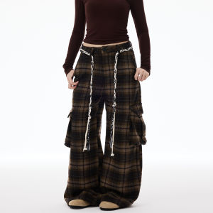 American Style Plaid Waist Cord Woolen Casual Pants Men Women Retro Large Pocket Straight Leg Workwear Long Trousers