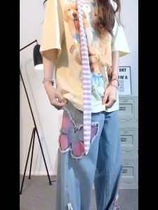 FASHLOVER Sweet Cool Jeans Women Raw Cut Wide Leg Pants Designed Sense Pants Butterfly