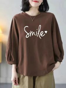 Autumn round Neck Long Sleeves T-Shirt Womens Pure Cotton Loose Plus Size Plus Size Ladies Slim Looking Belly Covering Womens Western Style Printed Tops Fashion