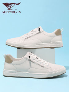 Septwolves Autumn Casual Slip-On Mens White Sneakers Comfortable Breathable Leather Lined Flat Heel Fashionable Trendy Shoes