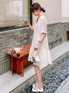 French A-Line Fairy Dress Women Summer Sweet Fresh Short Skirt High Waist V-Neck Midi Dress Elegant Atmosphere Short Sleeve