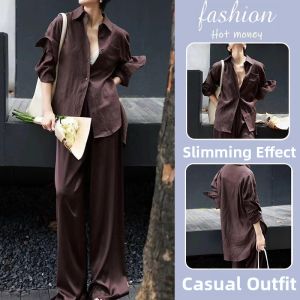 LIANGYILAILIN | Casual Salt Style Office Outfit Set Coffee Color Shirt and Wide Leg Pants