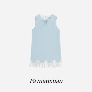 FAMANXUAN | Elegant Style Blue Sleeveless Dress with Bow and Pleated Skirt