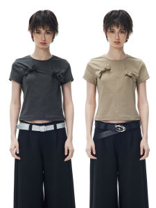 Original Design Summer Low Neck Slim Fit Womens T-shirt with Butterfly Knot Short Sleeve round Neck Casual Style Cotton Blend