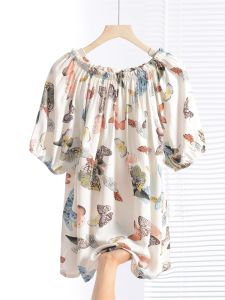 เสื้อเชิ้ตผู้หญิงแขนยาวผ้าไหมคอวีแขนกระดิ่งผ้าฝ้ายสแปนเด็กซ์ลายดอกไม้ฤดูร้อน ทรงหลวมสบายๆ สไตล์เกาหลี เสื้อยืดแขนยาว