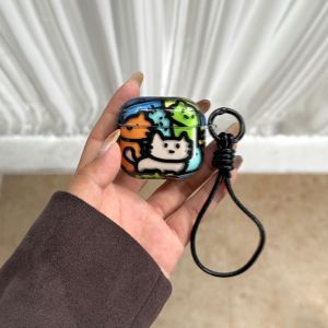 Fun Cartoon Graffiti Colored Line Cat With Lanyard Earphone Case Cover for AirPods 1 or 2 3 4 Pro 2 Pro 3