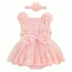 Pakaian Bunga Musim Panas Bayi Perempuan Tanpa Lengan Baju Renda Berkait Tulang Rusuk Baju Monyet dengan Destar Pakaian Pembaptisan Pesta Ulang Tahun Bayi