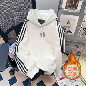 เสื้อสเวตเตอร์คอกลมแขนยาวทรงหลวมสไตล์อเมริกันสำหรับฤดูใบไม้ร่วงและฤดูหนาวสำหรับผู้ชายและผู้หญิง ผ้าฝ้ายแท้ 3 แถบ ทรงหลวม