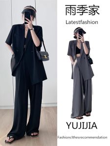 ชุดสองชิ้นแฟชั่นสำหรับผู้หญิงไซส์ใหญ่ แขนสั้น เสื้อสูท กางเกงขากว้าง ชุดทำงานฤดูร้อน ดีไซน์ใหม่ เสื้อคลุมกันหนาวแบบสวมหัว