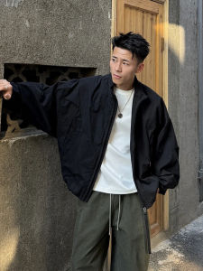 Black American Style Pilot Jacket Mens Autumn Loose Fit Short Coat Knife Sleeve Stand Collar Outdoor Windproof Polyester Fiber