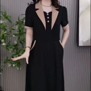 2024 Hàn Quốc Khí thời trang phong cách mới Hiển thị Slim Tuổi Giảm Đầm tay ngắn Tuổi Trung Tuổi quần áo dành cho bà mẹ cỡ lỡn Ve Áo Dresses